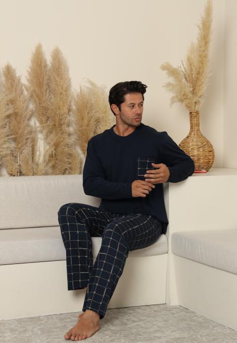 Pijama Barbati ,Maneca si Pantaloni Lungi,Culoare Bleumarin cu Crem ,Engros